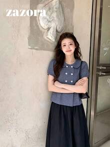 復古日系彼得潘領格紋雙排扣短袖女款夏季寬鬆娃娃襯衫輕便上衣 - 格子 - 查看 2