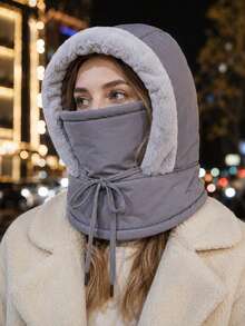 Thickened Hooded Hat With Face Mask And Neck Guard, Plush Trim Winter Headwear, Drawstring, Soft And Comfortable Cold Weather Accessory, Unisex, Outdoor Travel, Commuting, Walking, Daily Wear, Multiple Colors, Autumn/Winter - Multicolor - View 3