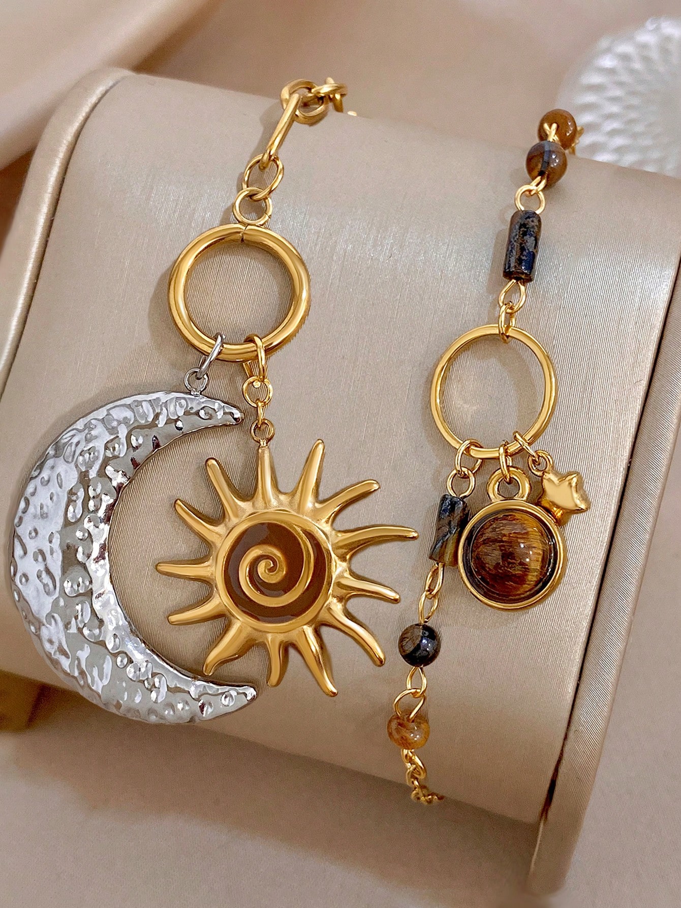 Pulseira Boho Sol, Lua e Olho de Tigre
