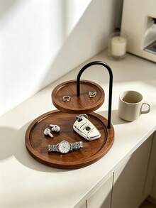 1pc 2‑Tier Walnut Wood Jewelry Tray, Black Metal Frame Round Desktop Organizer Tray, Decorative Vanity Display Holder For Keys Watch Rings Earrings, Entryway Nightstand Countertop Storage Decor - Multicolor - View 8