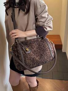 1pc Solid Color Suede New Women's Backpack, Shoulder Bag, Crossbody Bag, Leopard Print Design, Fashionable Large Capacity Tote Bag, Suitable For Commuting, Shopping, Dating - Multicolor - View 8