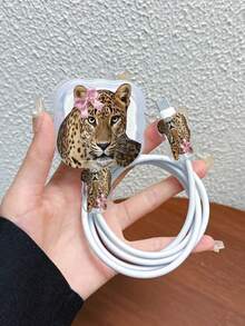 3pcs Set Data Cable Charger Protective Cover Painted Pink Bow & Leopard Pattern Compatible With UK Standard 20W Apple Charger Protective Case, Transparent Anti-Shatter Cover, Protects Phone, 3-Prong Charger, Cable Protective Cover - Multicolor - View 1