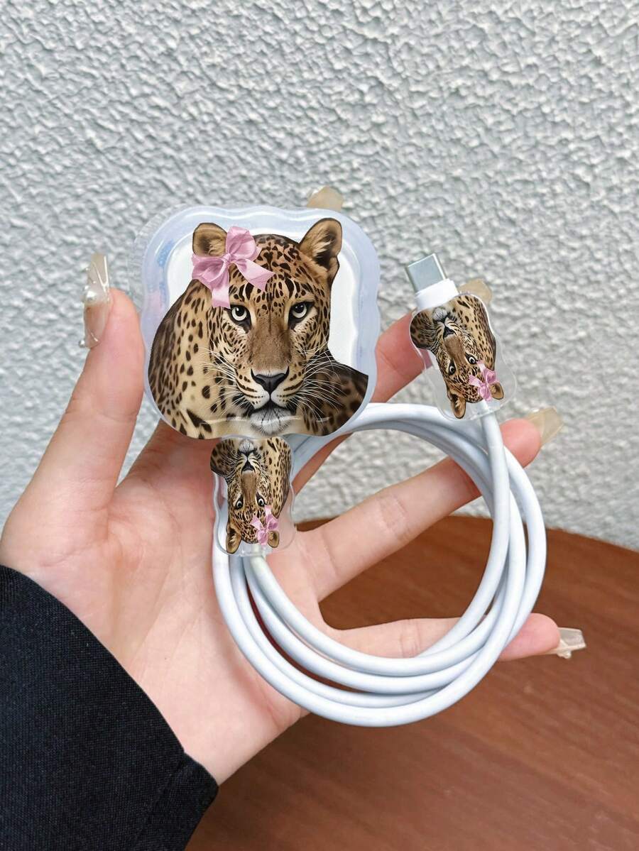 3pcs Set Data Cable Charger Protective Cover Painted Pink Bow & Leopard Pattern Compatible With UK Standard 20W Apple Charger Protective Case, Transparent Anti-Shatter Cover, Protects Phone, 3-Prong Charger, Cable Protective Cover - Multicolor - View 1