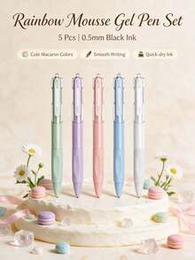 1/5pcs Rainbow Mousse Macaron Color Retractable Gel Pens, Quick-Dry Black Ink, Soft Rubber Non-Slip Grip Ballpoint Pens, Smooth Writing Pens For Students' Exam Practice And Note-Taking, Back To School Gift For Friends - Sets - View 2