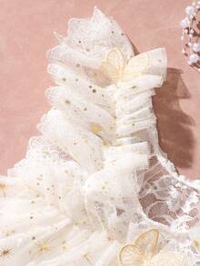 Newborn Baby Girl Photography Outfit, 3D Butterfly Decor Shiny Star Triangle Romper With Pearl Headband Set, Lace Trim Photo Romper - White - View 5