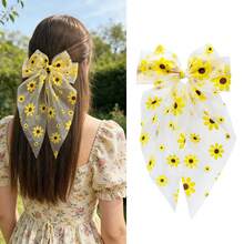 1pc New Large Bow Hair Clip, Sunflower Fresh Floral Mesh Long Ribbon Spring Clip, Cute Girl Hair Accessory, Valentine's Day Hair Accessory - Spring Clip - View 8