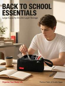 Large Capacity Canvas Pencil Case, Portable Makeup Bag, Multi-Functional Stationery And Cosmetic Organizer Bag, Durable Fabric With Front Pocket And Handle, Suitable For School, Office, Travel And Daily Use, Minimalist Solid Color Design Gift - Multicolor - View 7