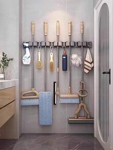 1 Wall‑Mount Mop Broom Holder, Adjustable Hooks Cleaning Tool Organizer Rack, Space‑Saving Storage For Bathroom Kitchen Garage Laundry Garden, Heavy‑Duty Household Storage Solution - Multicolor - View 2