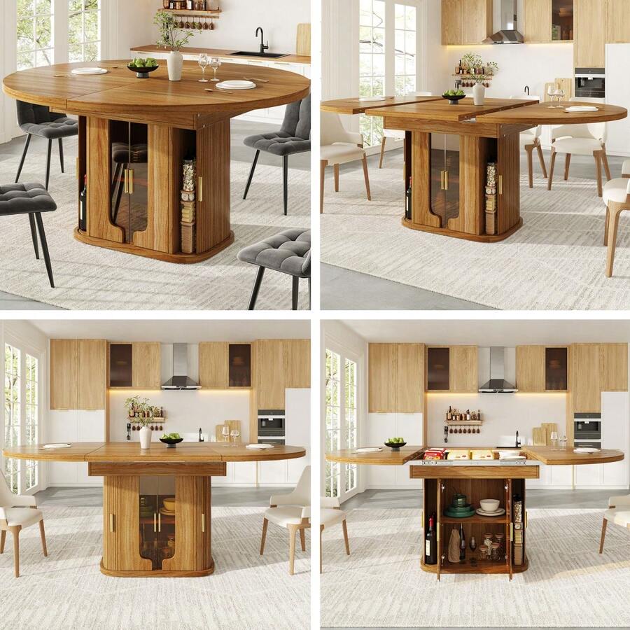 Extendable Dining Table, Dining Room Table, Kitchen Table, Round Dining Table, Extends To Oval, 118-158, Seats Up To 6 People, Three-Tier Storage, Walnut - Walnut + MDF - View 1