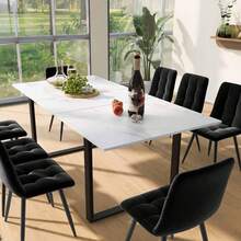 Dining Table Telescopic Table, 140/180x80x75cm, Iron Metal & Square Tube (Modern White MDF Table Top With Marble Patterns), Dual Use Home & Office - 1 - View 2