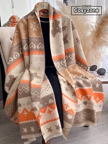 1pc Faux Cashmere Multi-Color Cute Horse Pattern Jacquard Warm Scarf For Women, Air Conditioning Room Blanket, Autumn/Winter Outdoor Bohemian Style Travel Cold Protection Neck Warmer, Soft Decorative Scarf Shawl Dual-Use, Suitable For Daily Matching, First Choice For Gift Giving - Multicolor - View 1