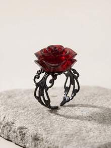 1pc Gothic Red Rose Ring, Victorian Vintage Filigree Adjustable Finger Ring, Dark Alternative Personalized Jewelry Gift For Women - Multicolor - View 1