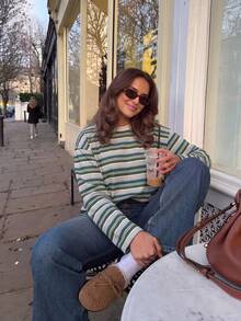 HoloChill Women's Young Influencer Casual Style, Women's Vintage Striped Knit Long Sleeve Round Neck Ribbed Loose Regular Fit Casual T-Shirt Pullover Fall Casual 2026 New Arrival, Fall Tops Women's Autumn/Winter Outfit Women's Elegant Outing Blouse Back To School Season Halloween Fall/Winter Luxury Christmas - Multicolor - View 5