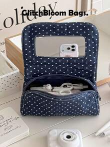 Polka Dot Makeup Bag With Built-In Mirror, Portable Zipper Makeup Storage Bag, Women's Travel Toiletry Bag, Cute Storage Box (Pendant Not Included) - Blue - View 6