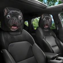 2pcs Funny Black French Bulldog Car Headrest Covers, Double-Sided Print Soft Stretchable Unisex Headrest Towels, Car Interior Decoration Universal Fit Headrest Protector - Black - View 1