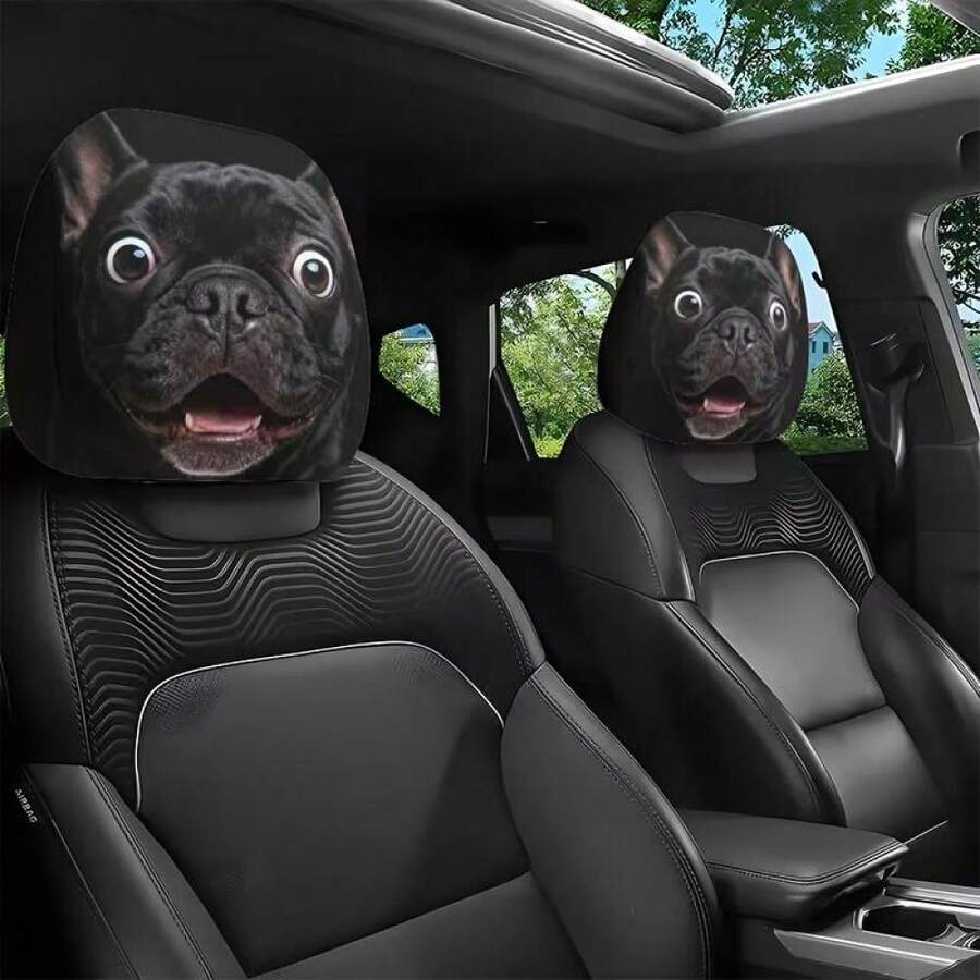 2pcs Funny Black French Bulldog Car Headrest Covers, Double-Sided Print Soft Stretchable Unisex Headrest Towels, Car Interior Decoration Universal Fit Headrest Protector - Black - View 1