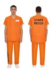 Men's Adult Cosplay Prisoner Costume Prison Uniform Short Sleeve Top + Pants Set - Orange - View 8
