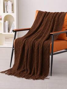 1pc Solid Color Diamond Plaid Knitted Blanket, Nordic Style Acrylic Rectangular Minimalist Sofa Cover Throw Blanket, Bedroom Leisure Knit Blanket - Coffee - View 1