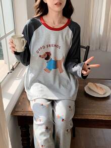 2pcs/Set Women's Pajamas Loungewear Set, Pullover Round Neck Cute Puppy Print Simple Long Sleeve 9/10 Pants, Easy Care Fabric - Multicolor - View 4