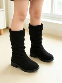 Sepatu Bot Anak Perempuan Hitam Suede Berlipit Setinggi Betis, Hak Rendah Anti Selip, Sepatu Bot Longgar Serbaguna untuk Musim Gugur/Dingin - Hitam - View 2