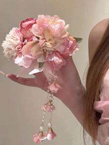 1pc Pink Tassel Flower Hair Clip, Fairy Style Side Hair Pin For Women Cheongsam, Beach Hair Accessory Bun Holder - Pink - View 3