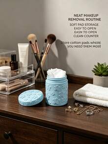 1pc Sealed Dust‑Proof Makeup Storage Container, Floral Embossed Vanity Organizer For Swabs & Make‑Up Remover Pads, Bathroom Dresser Counter Decor Storage Jar,Pink/Blue/White Available,Makeup Organizer,Room Decor - Multicolor - View 4