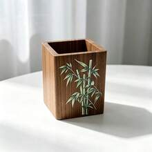 Tempat Pena Persegi dari Kayu Jati, Ember Pena Meja dengan Motif Bunga Klasik, Kotak Penyimpanan Meja Multifungsi, Cocok untuk Rumah, Kantor, Penyimpanan Alat Tulis dan Dekorasi - A - View 4