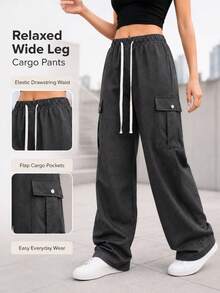 Black Wide Leg Cargo Pants For Women With Elastic Drawstring Waist Flap Pockets Relaxed Loose Fit Trousers For Daily Wear - Black - View 1