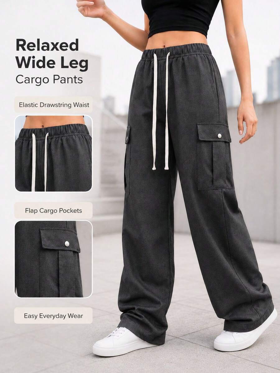 Black Wide Leg Cargo Pants For Women With Elastic Drawstring Waist Flap Pockets Relaxed Loose Fit Trousers For Daily Wear - Black - View 1