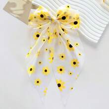 1pc New Large Bow Hair Clip, Sunflower Fresh Floral Mesh Long Ribbon Spring Clip, Cute Girl Hair Accessory, Valentine's Day Hair Accessory - Spring Clip - View 7