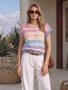 NiceArt Women's Autumn/Winter Rainbow Gradient Striped Knit Vest, Hollow Cap Sleeve Fuzzy Layering Knit Top, Autumn Outfit, Social, Halloween - Multicolor - View 10