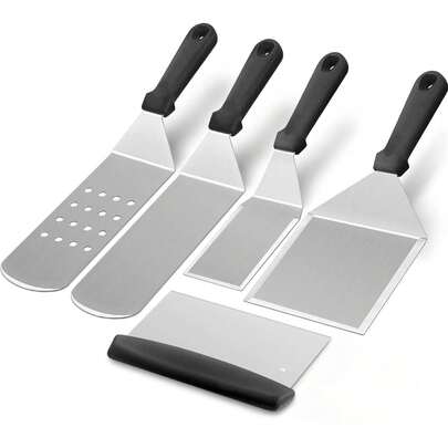Set Spatula Dapur Stainless Steel, Spatula Multifungsi untuk Memasak dan Menggoreng, Tahan Panas, Permukaan Mengkilap, Tepi Halus, Mudah Dibersihkan, Cocok untuk Memanggang, Steak, Pizza, Peralatan Dapur, Berkemah di Luar Ruangan, Aksesoris Memanggang