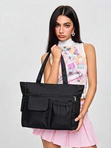 Women's Fashion Versatile Solid Color Nylon Tote Bag, Large Capacity Multi-Pocket Handbag, Suitable For School, Commuting And Daily Use - Black - View 3