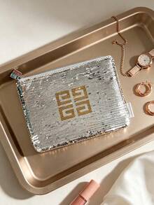 Givenchy Parfums Silver Sequin Cosmetic Bag With 4G Logo Portable Travel Zipper Makeup Storage Pouch Multi‑Purpose Toiletry Organizer Elegant Women Holiday Gift - Silver - View 5