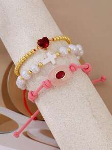 1pc Elegant Ins Style Fashion Copper Beaded Zirconia Heart Geometric Oval Natural Stone Cross Pearl Beaded Women's Bracelet, Suitable For Daily Casual Outings Shopping Parties Dates, Minimalist Design Women's Jewelry, Pearl Jewelry Natural Stone Jewelry Gift, Wedding Season Christmas - Gold + Red - View 4
