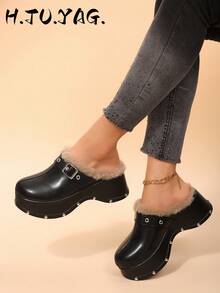 Women's Metal Square Buckle Rivet Thick Sole Mule Slippers, Closed Toe Backless Casual Slouchy Half-Slip-On Shoes - Black - View 3