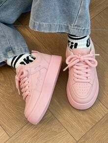 1 Pair Kids Thick Sole Casual Skate Shoes, Chunky Laces, Wavy Stitching Design, Breathable, Non-Slip, Soft Bottom, Versatile Daily Sports Shoes - Pink - View 7