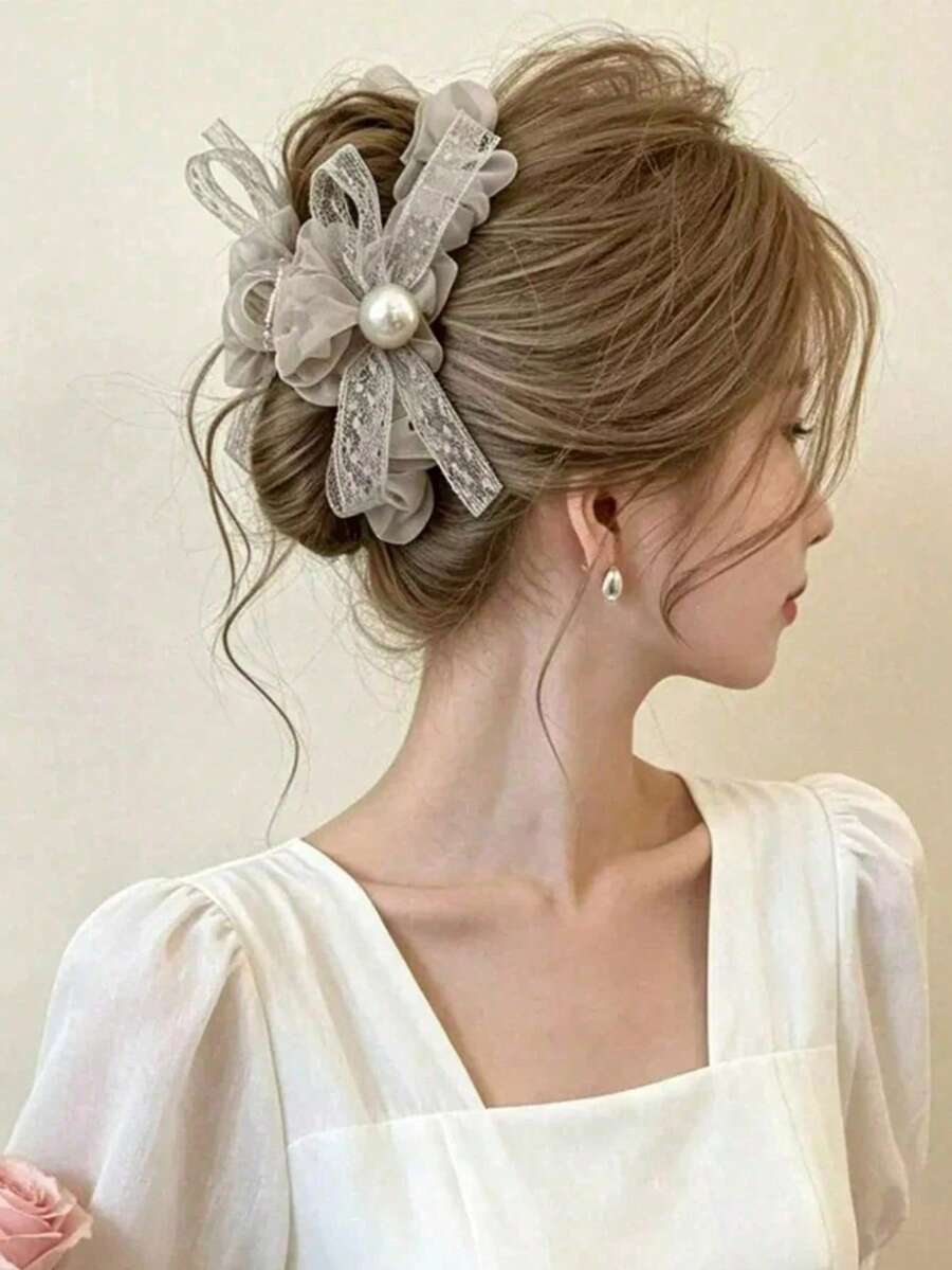 1pc Pearl Ribbon Ruched Mesh Hair Clip, Large Soft Hair Clip, Designed For Women, Suitable For Holiday Celebrations, Party Gatherings, Summer Hair Accessory Matching And Vacation Travel Wear - Regular Model - View 1