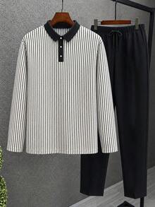 Men's Plus Size Set, Autumn Long Sleeve Casual Plus Size Polo Set For Men, Textured Plus Size Men's Clothing Suitable For Daily Wear - Black and White - View 2