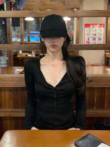 蕾絲拼接 2-in-1 半透感極簡性感長袖 T-shirt 休閒風 - 黑色 - 查看 6