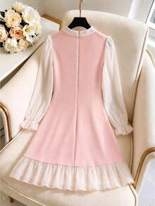 Autumn Girls' Fashion Elegant Round Neck Pearl Decor Large Bow Chiffon Long Sleeve Dress - Pink - View 2