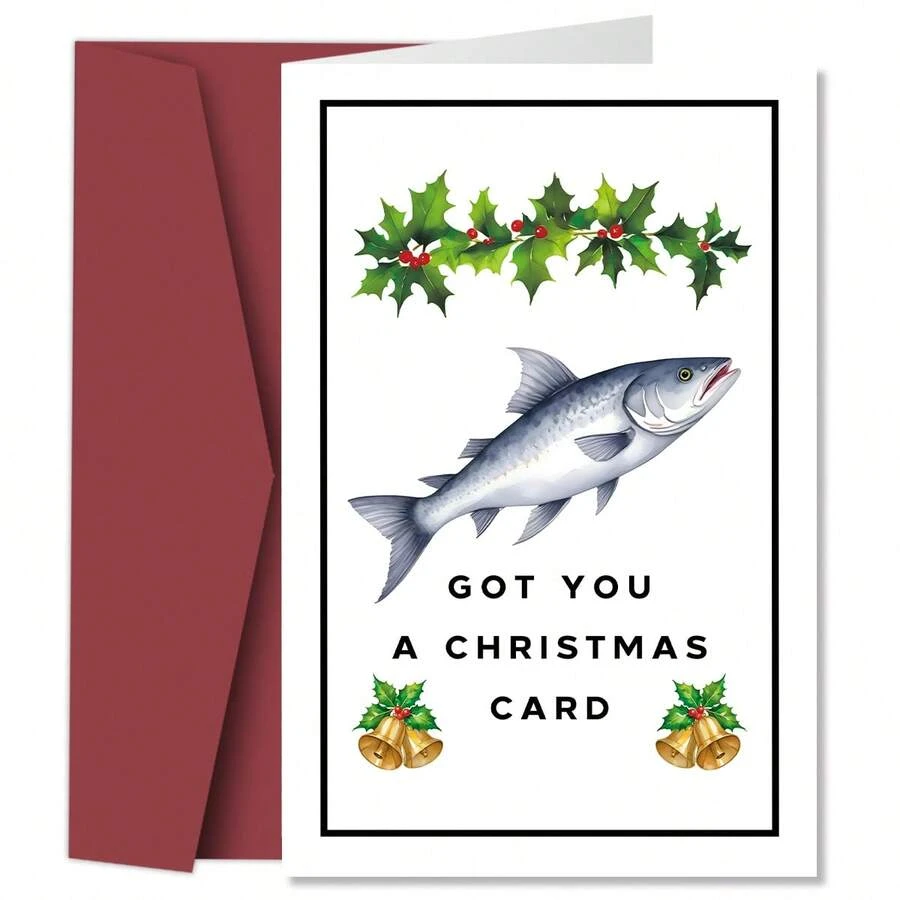 1pc Funny Pun Fish Theme Christmas Card With Envelope, Humorous Holiday Greeting Card, Suitable For Fish Lovers, Christmas Greeting Card, Christmas Gift For Friends And Family - A - View 1