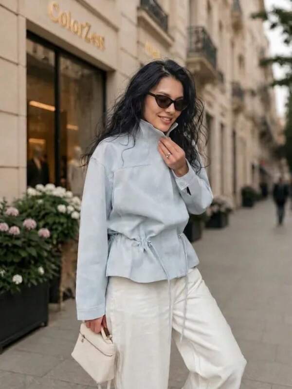 Women's Solid Color Cinched Waist Fashion Versatile Jacket