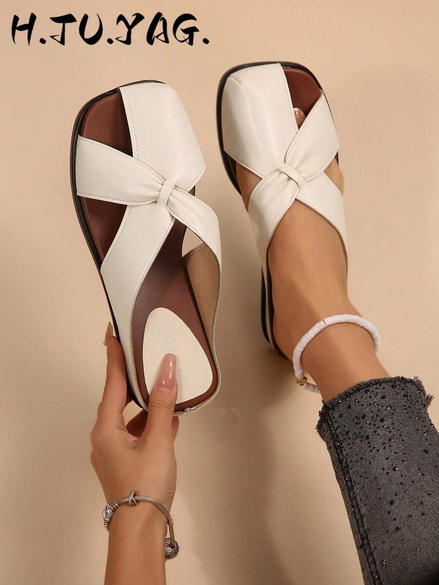 Women's Summer New Leopard Print / Beige / Black Multi-Color, Commuter Casual Beach Shoes With Metal Buckle And Square Toe, Holiday Essential - Beige - View 1