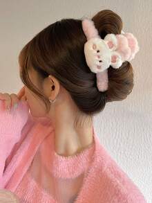 1PC Autumn/Winter Cute Plush Rabbit Hair Clip, Pink Fluffy Rabbit & Shark Hair Clip, Kawaii Cartoon Animal Strong Grip Hair Clip, Sweet Hair Accessory For Women And Girls Updo Hairstyles, Back To School Essential - Multicolor - View 1