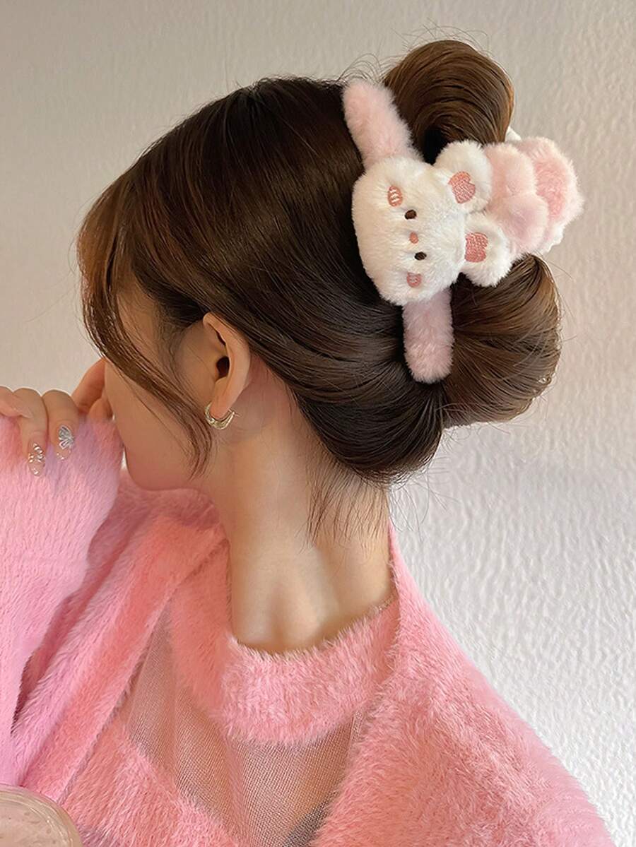 1PC Autumn/Winter Cute Plush Rabbit Hair Clip, Pink Fluffy Rabbit & Shark Hair Clip, Kawaii Cartoon Animal Strong Grip Hair Clip, Sweet Hair Accessory For Women And Girls Updo Hairstyles, Back To School Essential - Multicolor - View 1