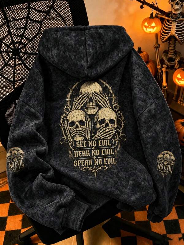 Women's Plus Size Skull Pattern Knit Sweatshirt, Long Sleeve Crew Neck Pullover, Black Washed Vintage Sweatshirt, Printed Pattern Sweatshirt, Plus Size Women's Casual Autumn/Winter Long Sleeve Pocket Sweatshirt, Suitable For Winter Holiday, Beach, Vacation, Autumn, Halloween, Christmas, New Year Outfits. Suitable For Daily Wear, Going Out, Outings, Festivals, Beach, Parties, Birthdays, Beach, Gatherings, School, Music Festivals, Vacations, Commuting, Fitness.