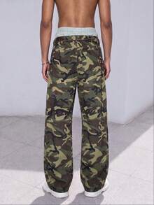 Men's Jungle Camo Cargo Pants, Functional Punk Side Metal Snap Buttons, Built-In Belt, Loose Straight Leg Y2K Long Pants - Army Green - View 4