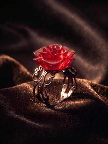1pc Gothic Red Rose Ring, Victorian Vintage Filigree Adjustable Finger Ring, Dark Alternative Personalized Jewelry Gift For Women - Multicolor - View 3