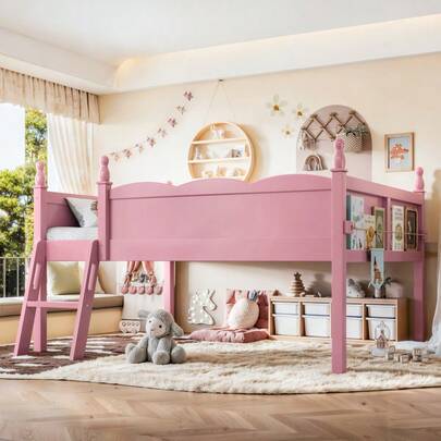 Full Size Loft Bed With Full-Length Guardrails Solid Wood Low Loft Bed With Ladders And Beside Book Shelf Chic Shape And Low Profile Design Pink